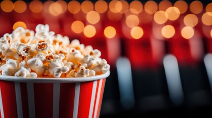 Bucket of popcorn with theater seats in the background