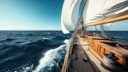 View from the deck of a sailing boat with white sails over a vast, calm ocean under a clear blue sky. The boat is cutting through the waves, creating a sense of motion.