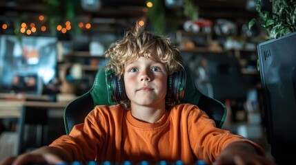 A young boy deeply immersed in a gaming session, wearing headphones. The environment around him suggests high energy and intense concentration.