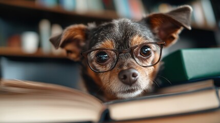 A cute dog wearing glasses sitting among books, suggesting intelligence, curiosity, and the charm of learning, surrounded by a cozy and scholarly environment.