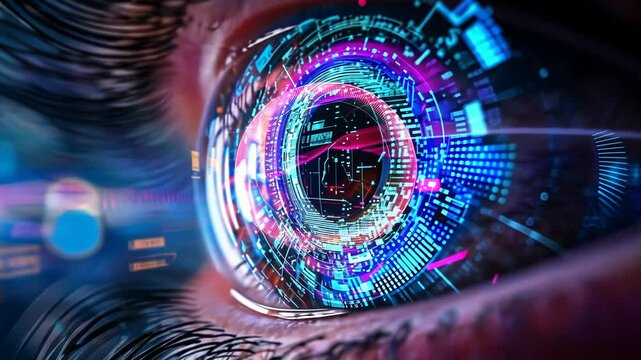 Close-up of a futuristic cybernetic eye with glowing digital interface, advanced technology showcasing human and machine integration. Sci-fi concept for innovation and artificial intelligence