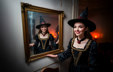 Young lady posing in front of a mirror for a Halloween party. She has done her makeup and dressed in a Halloween concept.