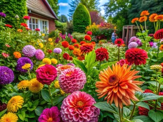 Fototapeta premium Vibrant and Lush Backyard Gardens Showcasing Colorful Flowers and Greenery in Natural Settings