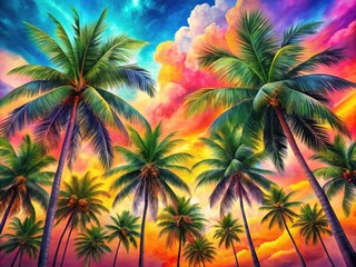 Vibrant and Playful Drawing of Palm Trees with a Tropical Vibe and Colorful Background Elements