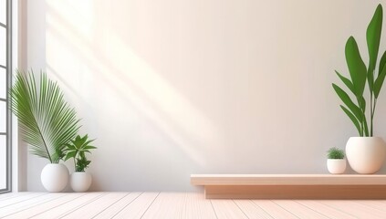 A Minimalist, Modern Living Room with White Walls, a Wooden Floor, and Plants