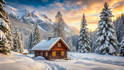 Fototapeta premium A charming wooden cabin rests in a snowy landscape as dawn breaks, illuminating the scene with warm hues. Tall pine trees surround the cabin, creating a serene winter atmosphere