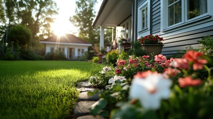 An idyllic setting featuring a path lined with vibrant flowers leading to a picturesque home, bathed in sunlight, evoking peace and contentment in nature.