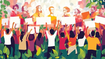 A vibrant protest scene with diverse individuals holding signs amidst greenery.