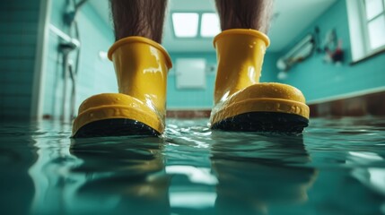 Yellow boots stand in a tiled bathroom filled with water, illustrating the impact of water damage in homes and the need for resilient flood preparedness strategies.