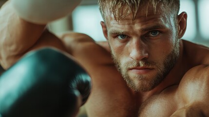 A muscular, focused boxer stares intensely with determination, captured in action, displaying strength and concentration. The gritty setting enhances the scene's raw energy.