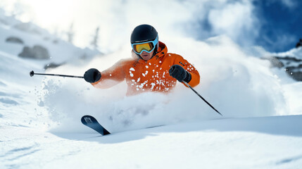 A skier wearing an orange jacket and black helmet skiing swiftly through deep powder snow on a sunny day in a snowy mountain landscape.