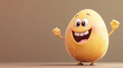 Cheerful cartoon egg character with big smile and arms raised