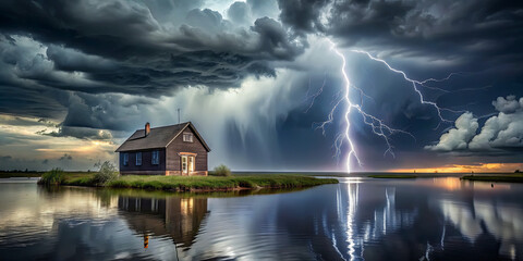 Fototapeta premium Dark storm clouds gather over a solitary house surrounded by water, illuminated by bright lightning during a dramatic dusk thunderstorm