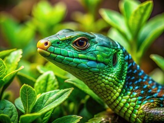 Fototapeta premium Vibrant Arboreal Alligator Lizard Camouflaged Among Green Leaves in Natural Habitat Environment