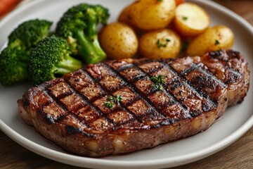 A perfectly grilled steak with roasted potatoes and steamed broccoli.
