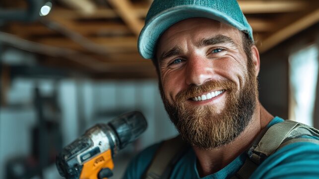 A construction worker with a beard and cap smiles confidently while holding a power drill, illustrating a sense of achievement and dedication to his profession.