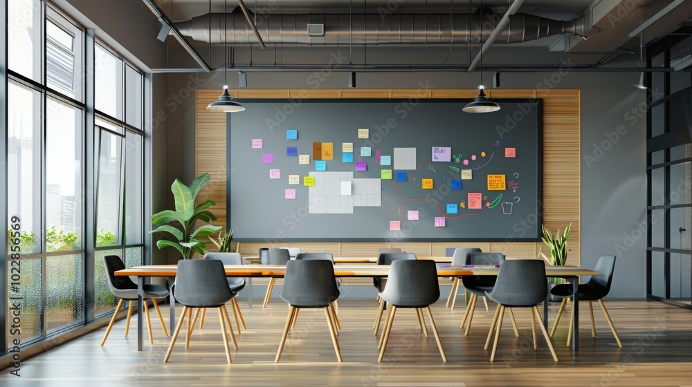 Poster a large blackboard with a lot of colorful sticky notes on it
