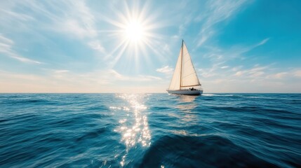 A sailboat elegantly crosses the vast ocean under a clear sky, with the bright sun reflecting off the water, evoking feelings of peace and endless possibilities.