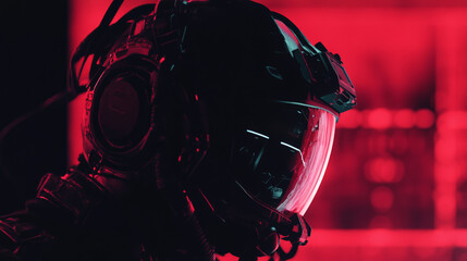 A dramatic scene featuring a futuristic soldier standing in the shadows of a night setting, clad in advanced tactical gear and a sleek helmet.