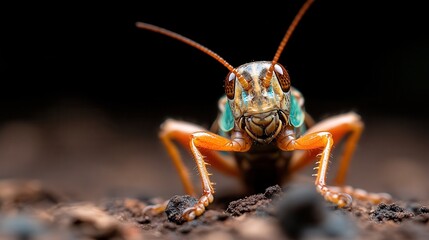 Front-focused shot of a grasshopper displaying vibrant colors and intricate detail, standing atop a natural surface amid a blurred, dark background.