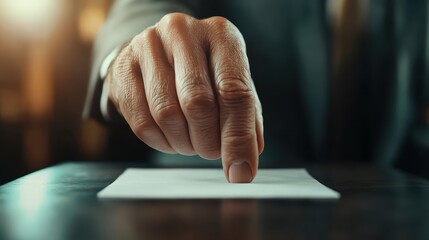 A close-up shot capturing the detail of a hand pressing firmly on a blank sheet of paper, symbolizing decisiveness, authority, and an impending important action.