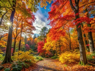 Fototapeta premium Vibrant autumn foliage in a serene forest setting showcasing nature's colorful seasonal transition