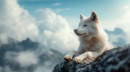 Naklejka premium A majestic white wolf lounges on a rugged mountain cliff, gazing into the distance with a cloud-filled sky as a backdrop, evoking a sense of freedom and mystery.