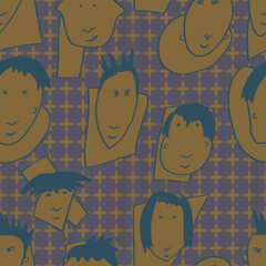 Seamless background with funny faces of anthropomorphic creatures. Humorous characters with different emotions