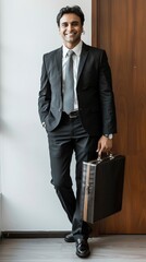 Fototapeta premium Happy and confident Indian man with a dark brown document case in his hand against White wall waiting in formal dress in office environment, Best Job Candidate