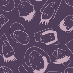Seamless background with funny faces of anthropomorphic creatures. Humorous characters with different emotions