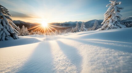 A bright winter sunrise illuminates a scenic snowy landscape, casting long shadows over the snow-covered trees and creating a magical and tranquil atmosphere.