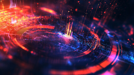 An intricate and visually striking abstract technology user interface (UI) design, featuring futuristic hologram elements that represent digital data charts and communication metrics