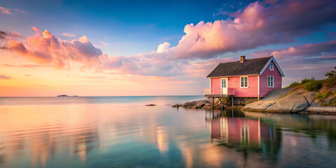 Fototapeta premium The scene features a charming pink house elevated on stilts, reflecting in calm waters as the sun sets, casting vibrant colors across the sky and water