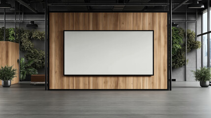 Modern office interior featuring a large blank screen on a wooden wall, surrounded by plants and industrial decor, with ample natural light from windows.
