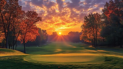 A scenic golf course at sunrise with trees and green grass.