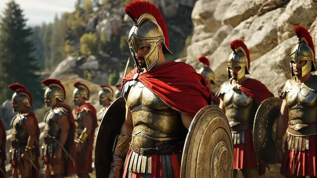 Ancient warriors in armor standing in formation, historical soldiers with red shields and helmets. Epic scene of military strength and discipline, ideal for historical, cinematic, or battle-themed