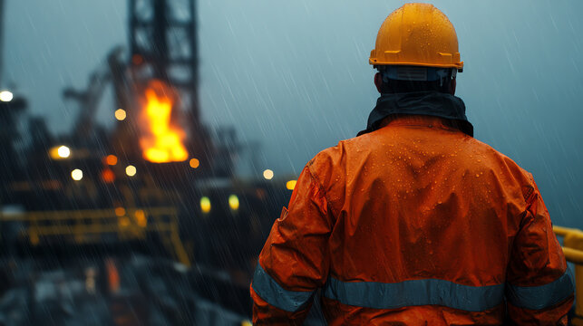 A worker in an orange safety jacket and helmet stands in front of an oil rig, focusing on the operations amidst fog and flames, symbolizing the challenges of the oil industry.