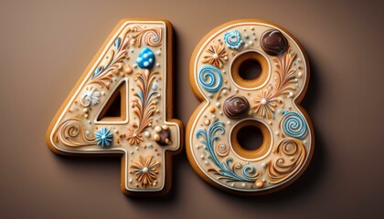 Decorated cookie, number 48, illustration for birthday or anniversary celebration