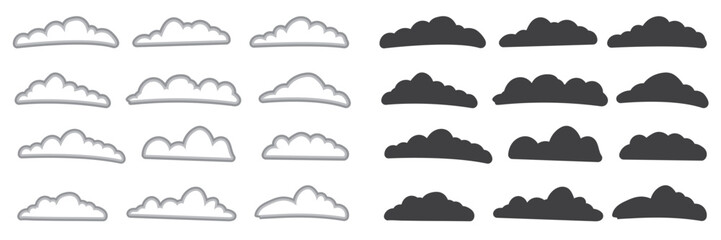 Cloud shapes set isolated on a blue background, Abstract white cloudy set isolated on blue background, Set of cartoon cloud in a flat design Modern icon or logo collection
