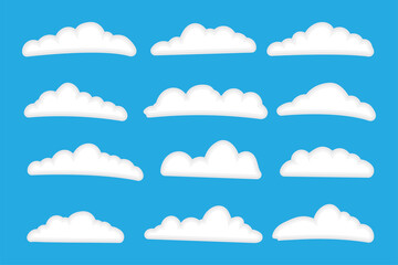 Cloud shapes set isolated on a blue background, Abstract white cloudy set isolated on blue background, Set of cartoon cloud in a flat design Modern icon or logo collection