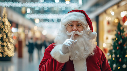 Santa Claus gesturing for silence in a festive shopping center, surrounded by Christmas decorations and sparkling lights.