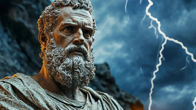 Ancient Greek philosopher statue with dramatic lightning, stormy sky backdrop for mythology and wisdom concepts. Powerful imagery of classical knowledge and natural forces, symbolic of enlightenment
