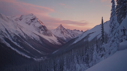 Panoramic alpine landscape with snow-capped mountains, sunrise casting warm hues on the icy peaks