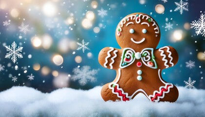 Fototapeta premium Galleta festiva de hombre de jengibre con glaseado y copos de nieve sobre un fondo invernal 