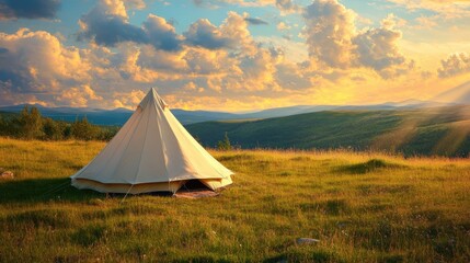 Tent set up on a grassy mountain top, with rolling clouds and the sun casting golden light over the horizon. Stunning nature view.