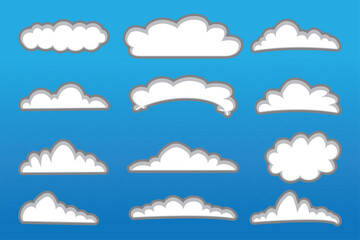 Cloud shapes set isolated on a blue background, Abstract white cloudy set isolated on blue background, Set of cartoon cloud in a flat design Modern icon or logo collection