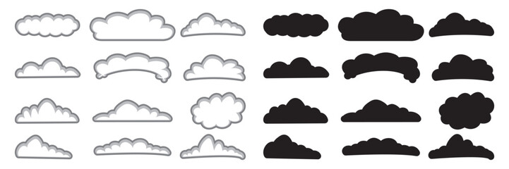 Cloud shapes set isolated on a blue background, Abstract white cloudy set isolated on blue background, Set of cartoon cloud in a flat design Modern icon or logo collection