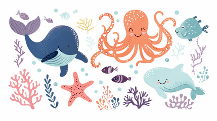 Fototapeta premium Playful marine life: colorful whales, octopus, fish, and coral in a vibrant underwater scene