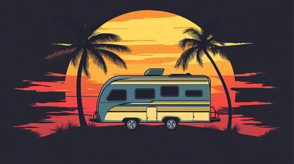 A vibrant logo design template featuring a camp trailer parked against the backdrop of a stunning sunset. 