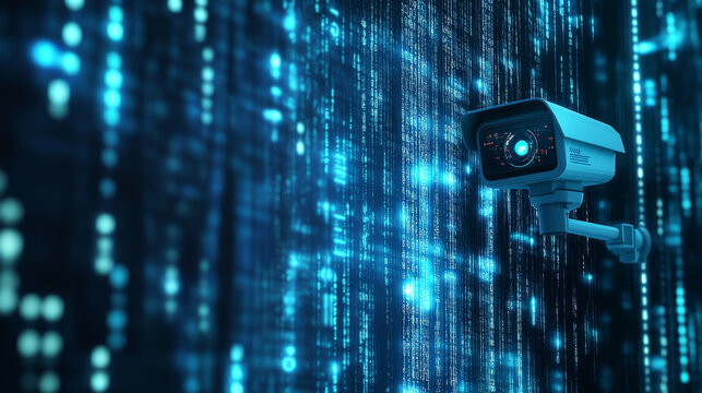 A sleek 3D illustration featuring a modern CCTV camera positioned prominently against a backdrop of blue digital technology design.